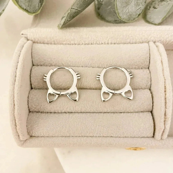 Jewelry - 925 Sterling Silver Cat Hoop Earrings Cat Huggie Hoops Small Kitty Cat Earrings